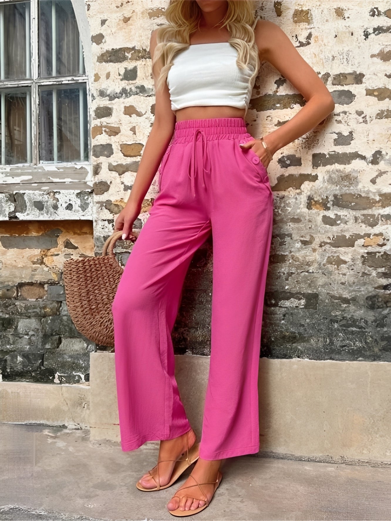 Elegante, weite Damenhose mit hohem Bund — Vayrani — Ansicht 3 — Farbe Rosa