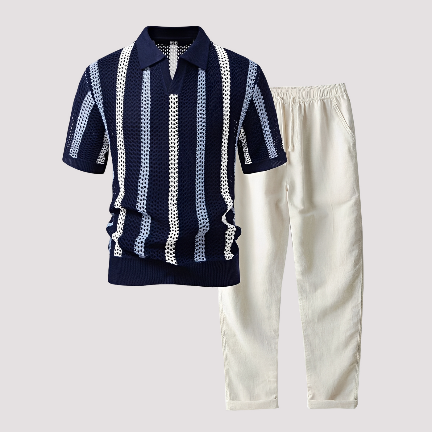 Komfortables Streifen-Polo mit passender Hose — Vayrani — Ansicht 5 — Farbe Blau / Beige