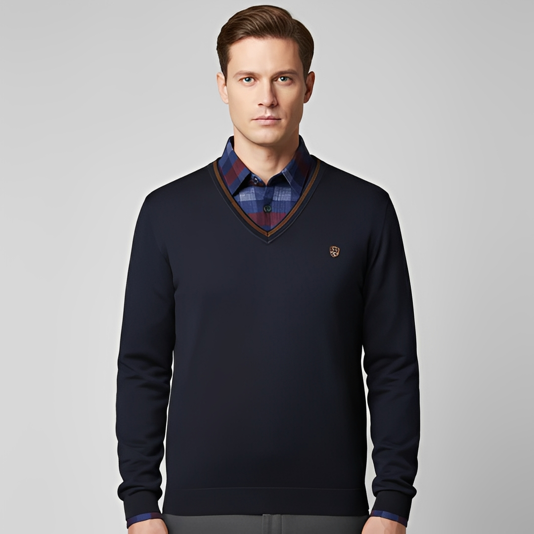 Eleganter und gemütlicher Pullover für Herren — Vayrani — Ansicht 7 — Farbe Dunkelblau Rot