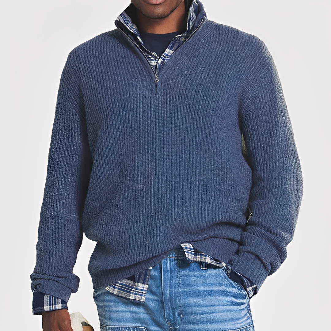 Bequemer und warmer Herren-Pullover mit Halbzip — Vayrani — Ansicht 3 — Farbe Blau
