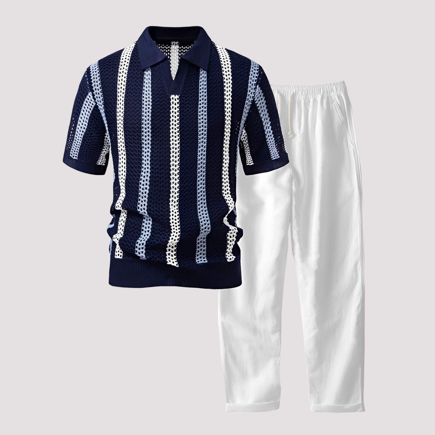 Komfortables Streifen-Polo mit passender Hose — Vayrani — Ansicht 4 — Farbe Blau / Beige