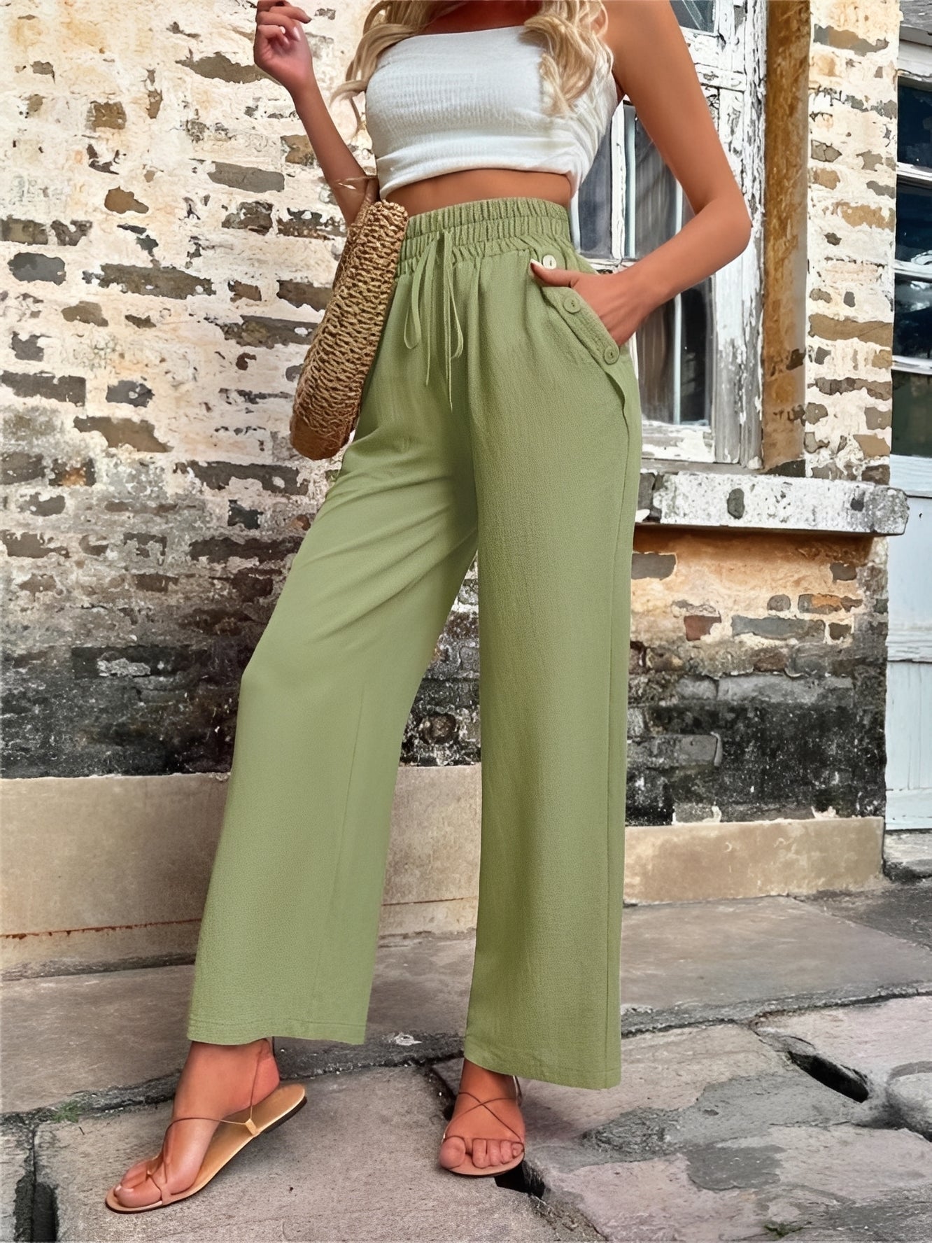 Elegante, weite Damenhose mit hohem Bund — Vayrani — Ansicht 4 — Farbe Khaki