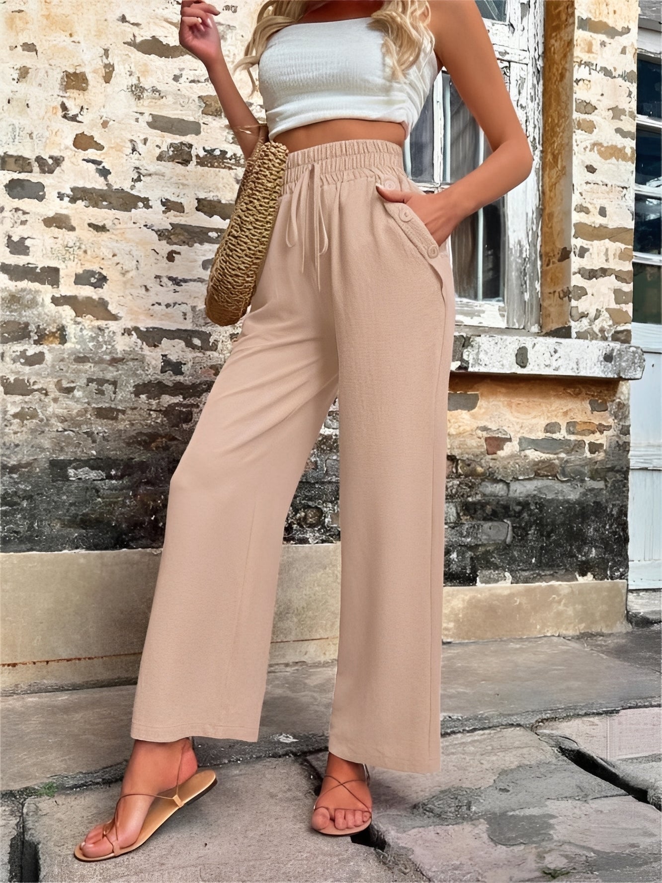 Elegante, weite Damenhose mit hohem Bund — Vayrani — Ansicht 2 — Farbe Khaki