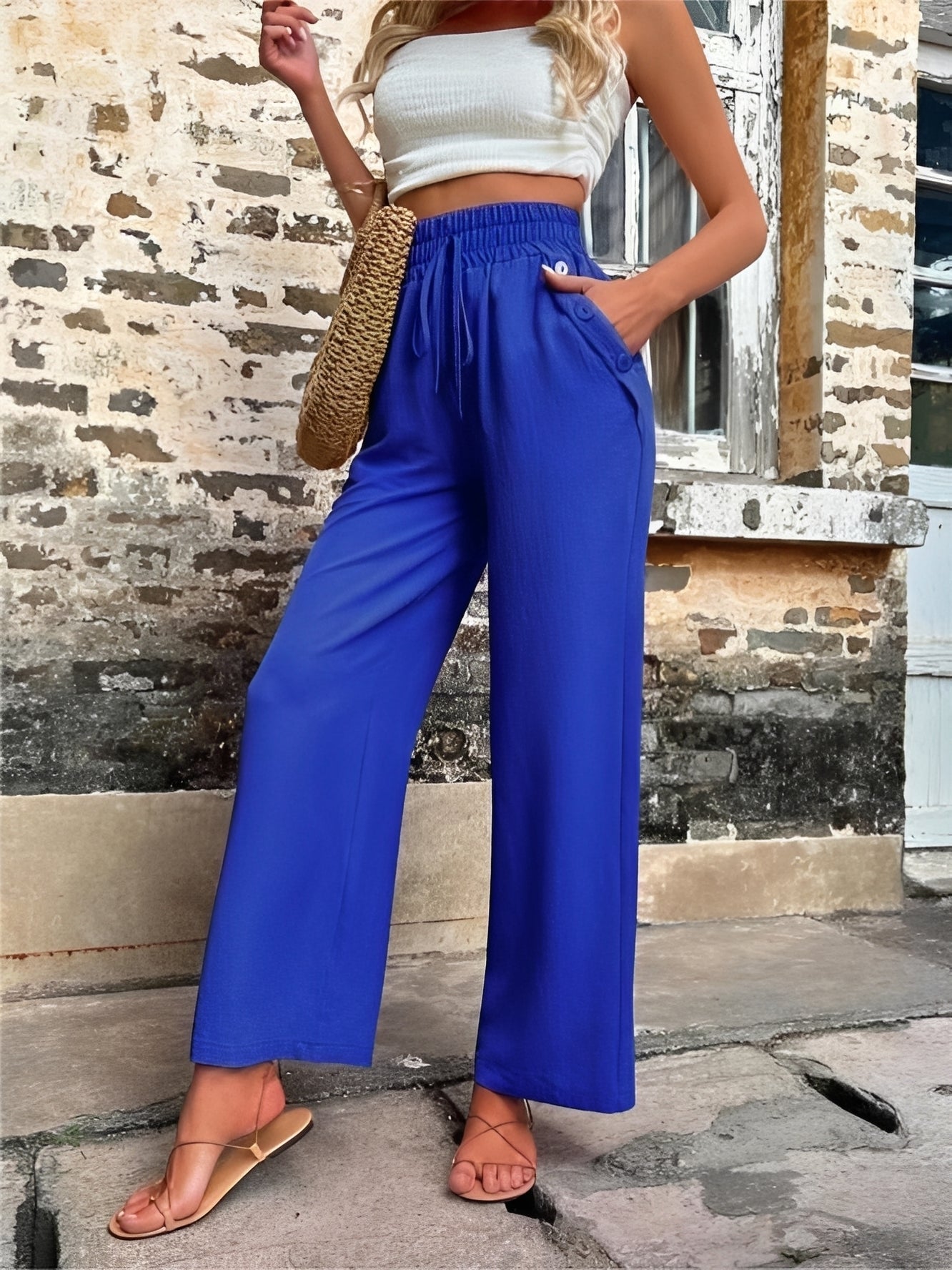 Elegante, weite Damenhose mit hohem Bund — Vayrani — Ansicht 9 — Farbe Blau