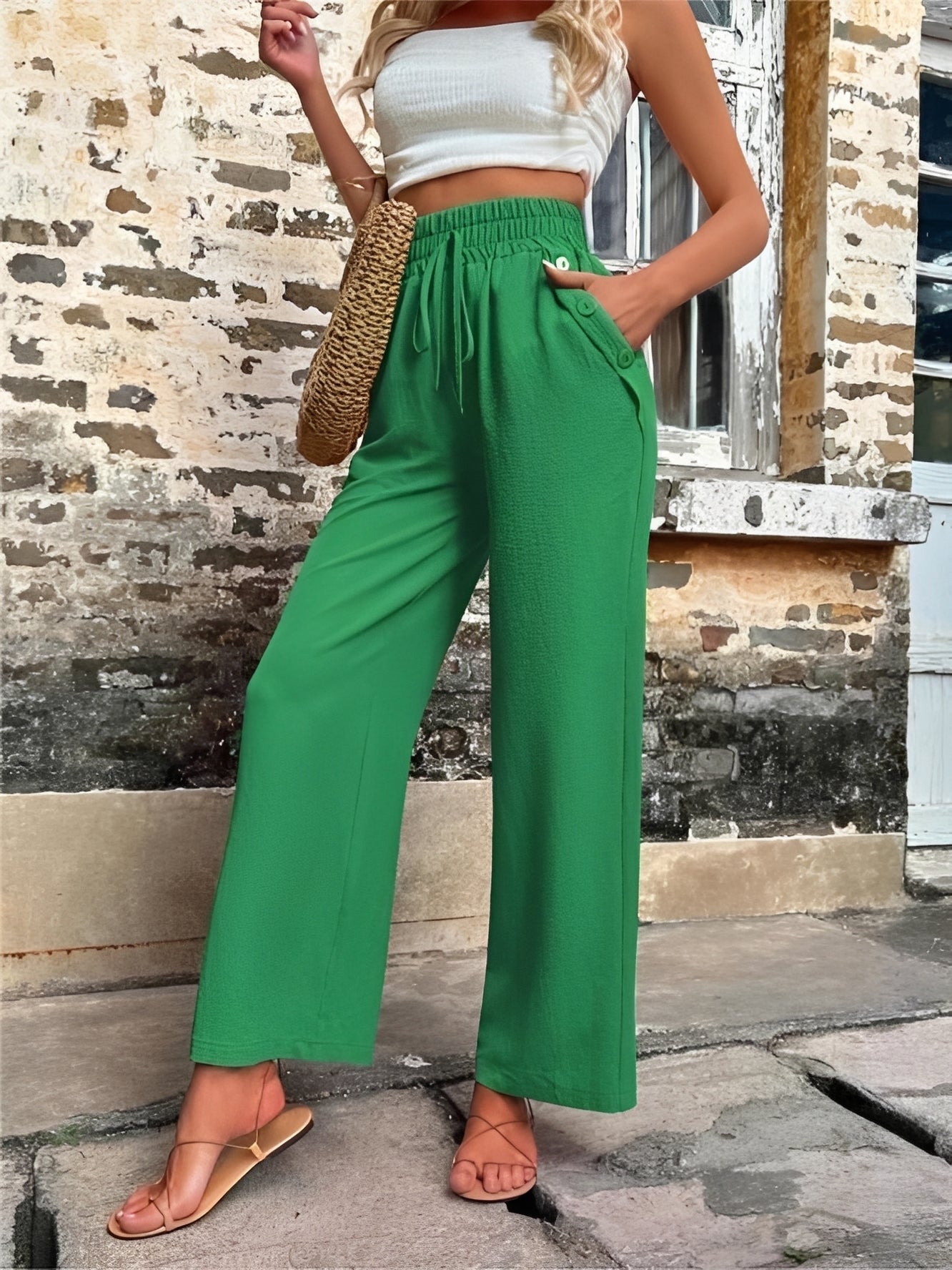 Elegante, weite Damenhose mit hohem Bund — Vayrani — Ansicht 5 — Farbe Grün 2
