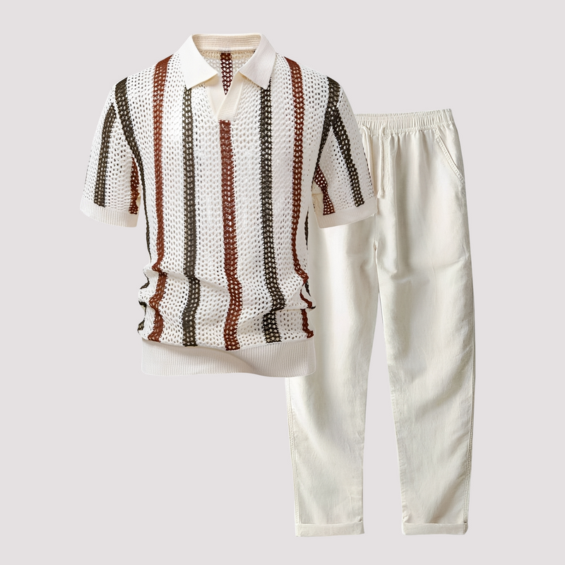 Komfortables Streifen-Polo mit passender Hose — Vayrani — Farbe Beige