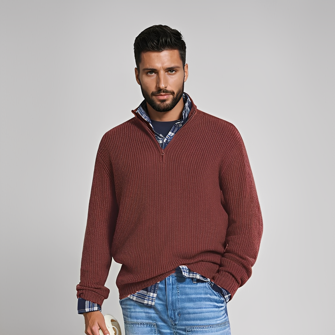 Bequemer und warmer Herren-Pullover mit Halbzip — Vayrani — Farbe Rot