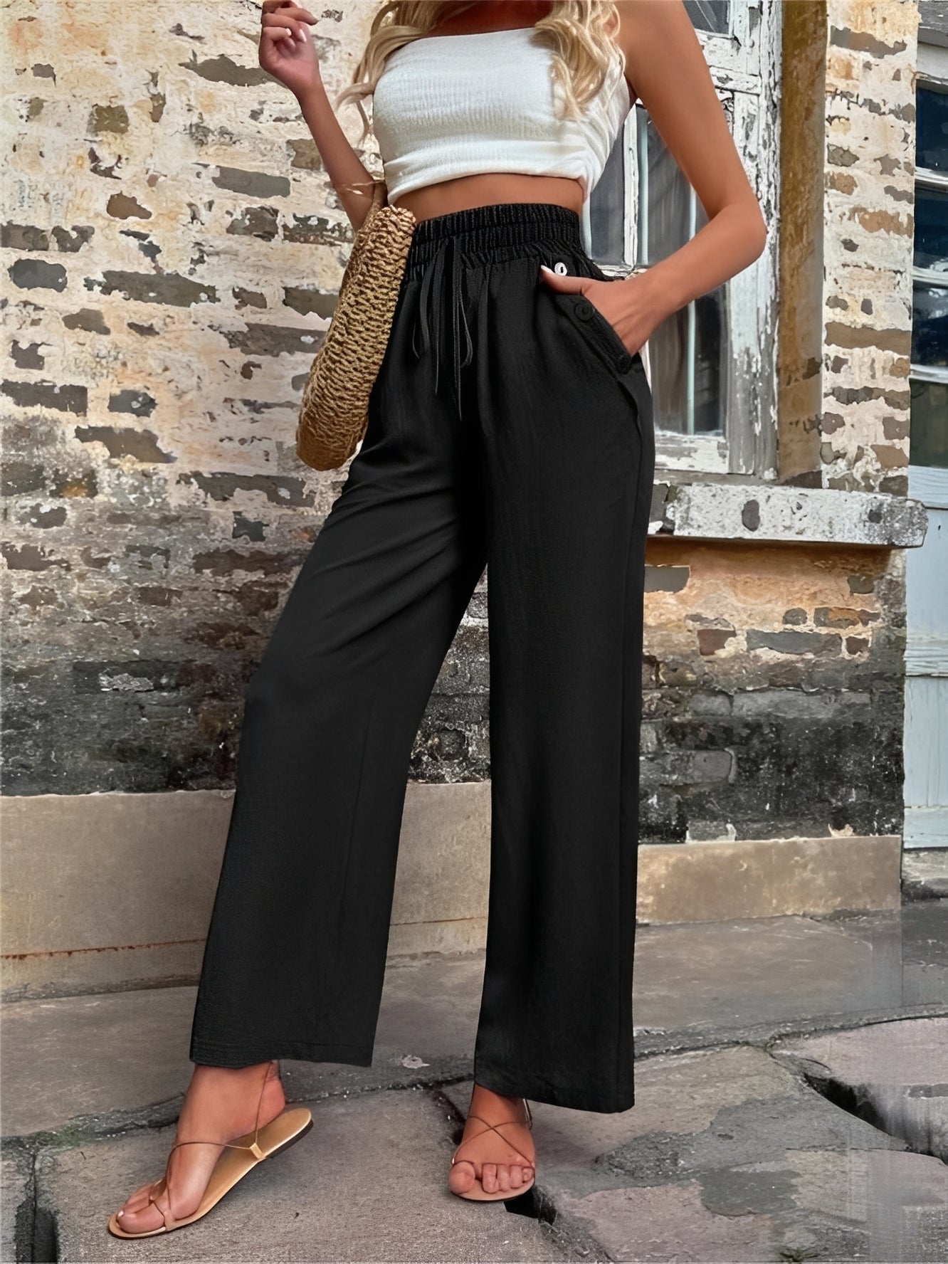 Elegante, weite Damenhose mit hohem Bund — Vayrani — Ansicht 7 — Farbe Schwarz