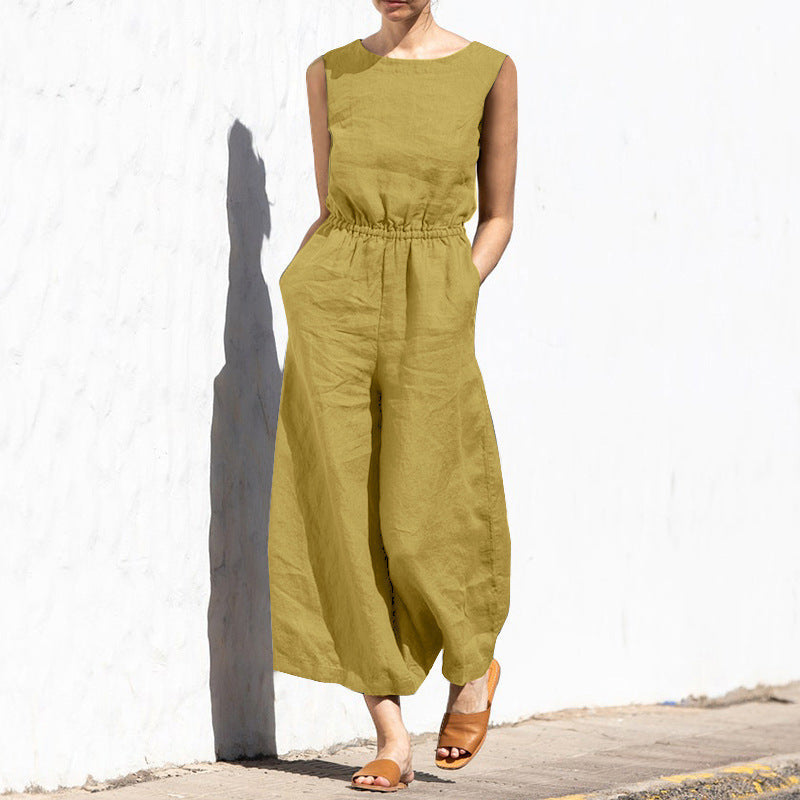 Ärmeloser, entspannter Jumpsuit für Damen — Vayrani — Ansicht 4 — Farbe Gelb