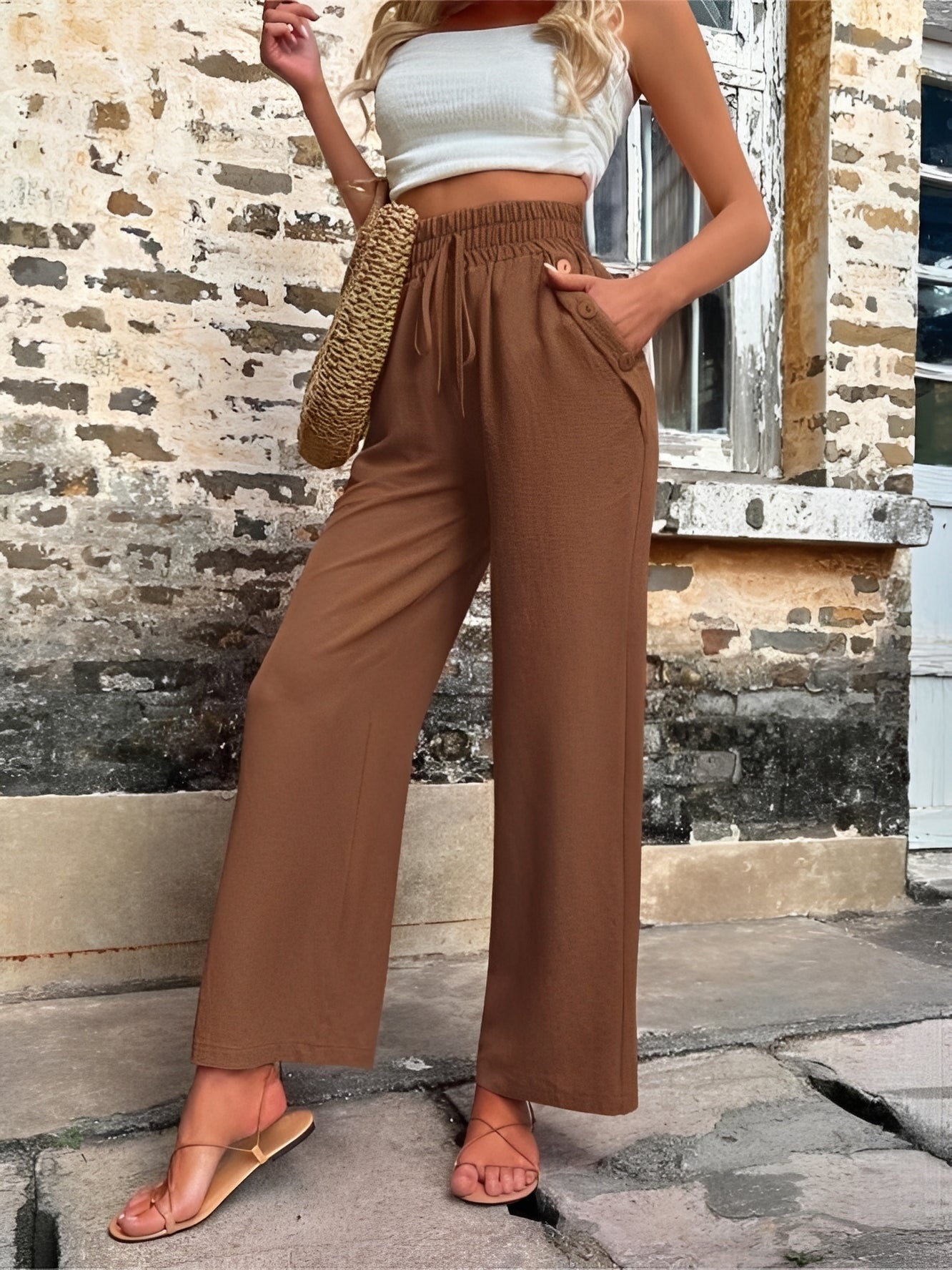 Elegante, weite Damenhose mit hohem Bund — Vayrani — Ansicht 6 — Farbe Braun