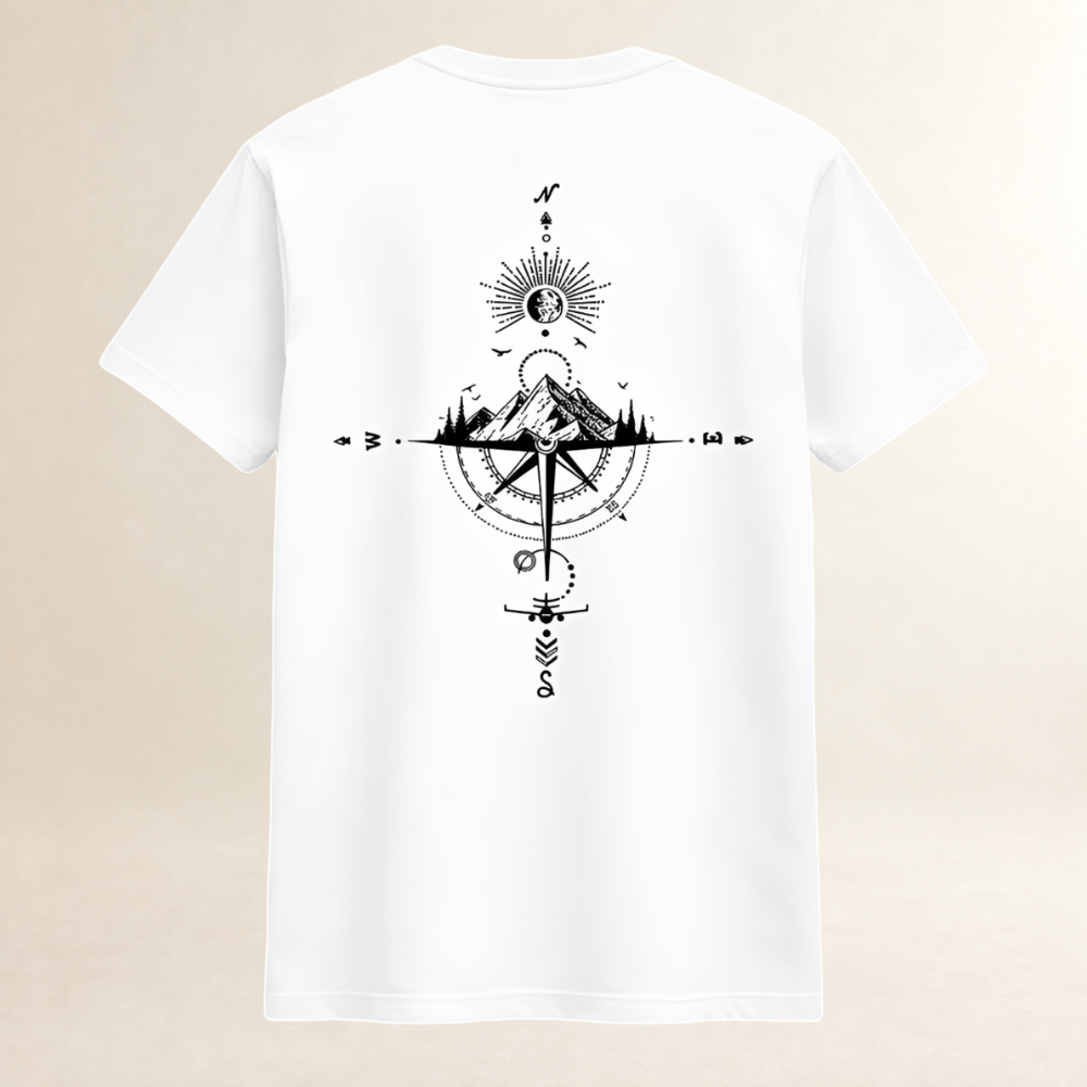Männer T-Shirt Rundhals Kurzarm Kompass & Berg Rücken Grafik Regularer Schnitt