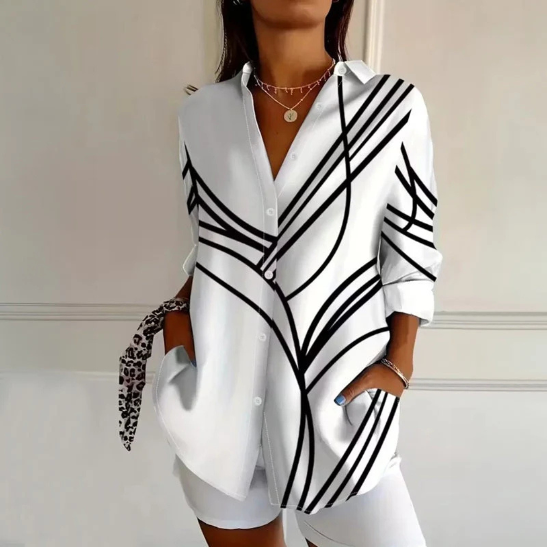 Bluse Damen Knopfverschluss Langarm Kragen, lockere Tunika-Silhouette, abstraktes Linienmuster, Seitentaschen