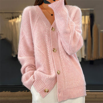 Cardigan Damen V-Ausschnitt Knopfleiste Kabelzopf-Detail Diamond-Struktur Relaxed Fit