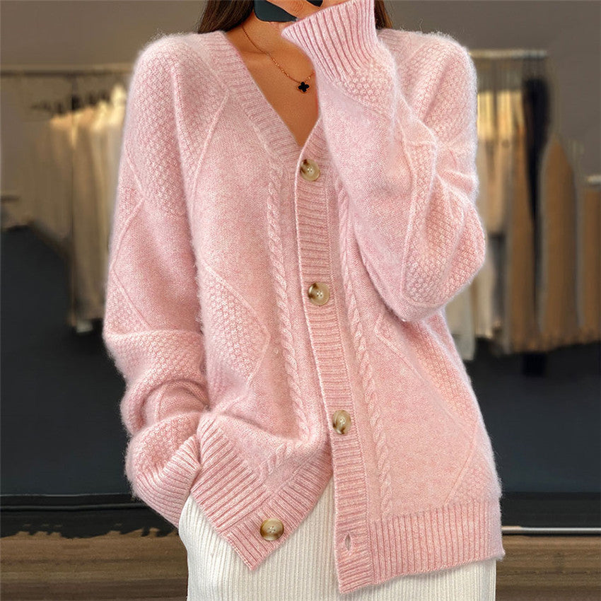 Cardigan Damen V-Ausschnitt Knopfleiste Kabelzopf-Detail Diamond-Struktur Relaxed Fit