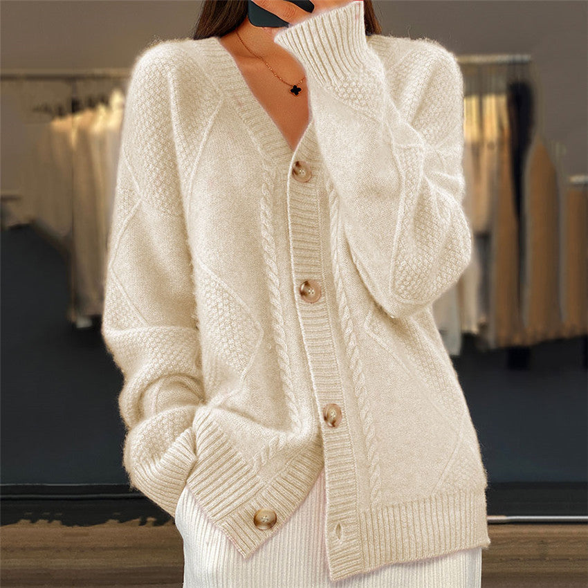 Cardigan Damen V-Ausschnitt Knopfleiste Kabelzopf-Detail Diamond-Struktur Relaxed Fit