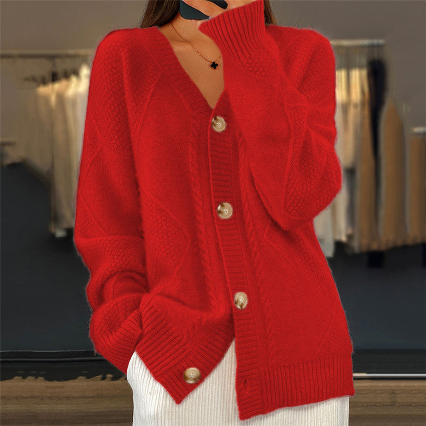 Cardigan Damen V-Ausschnitt Knopfleiste Kabelzopf-Detail Diamond-Struktur Relaxed Fit