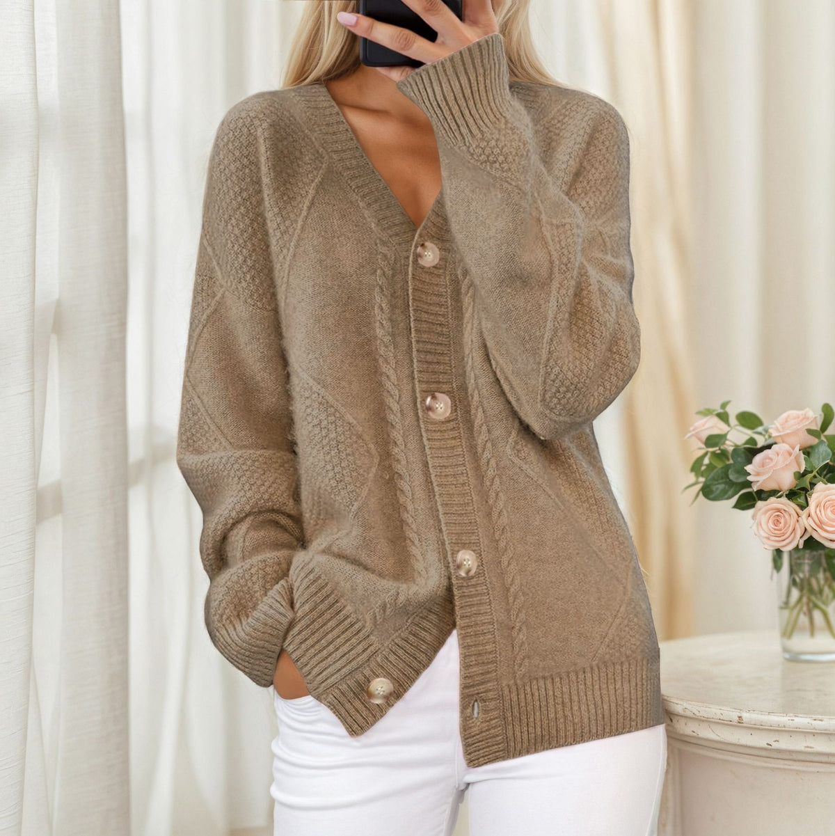 Cardigan Damen V-Ausschnitt Knopfleiste Kabelzopf-Detail Diamond-Struktur Relaxed Fit