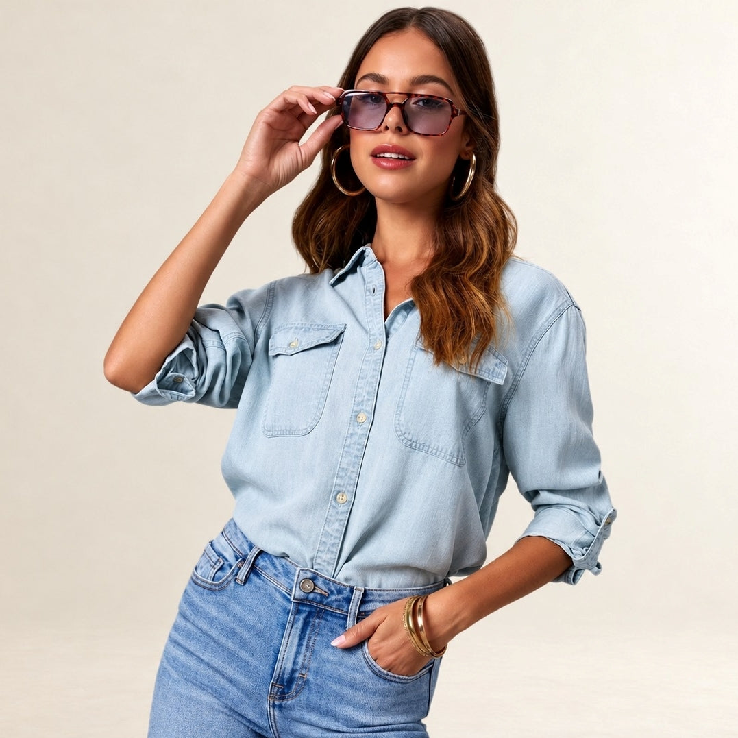 Damen Bluse Knopfleiste Brusttaschen Langarmroll-Tab Ärmel Relaxed Fit