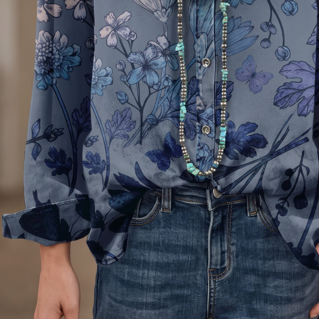 Damen Bluse mit Bandkragen, teilweiser Knopfleiste, kurzen Puffärmeln, Smockbündchen, Allover Blumenprint
