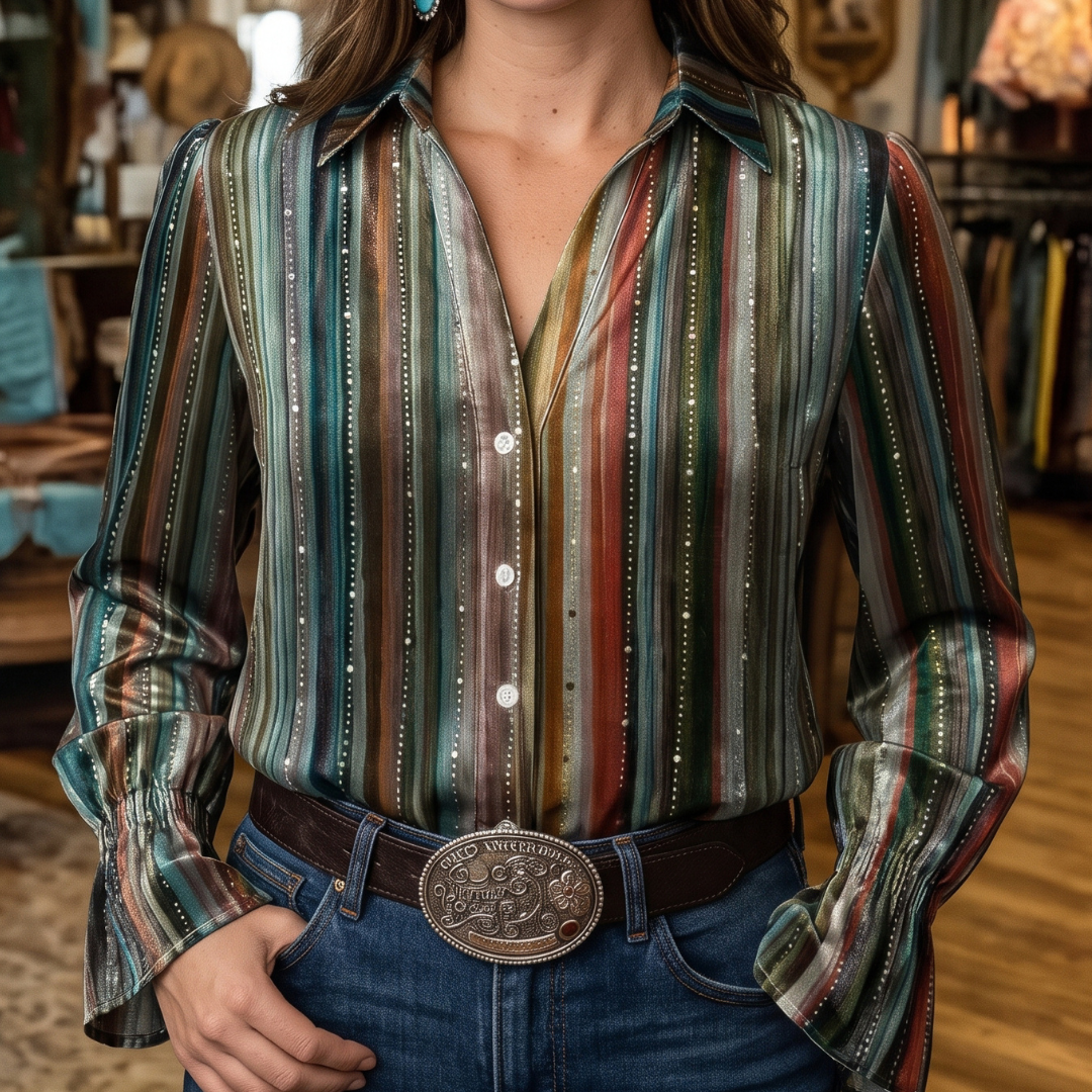 Damen-Bluse mit Kragen, lange Ärmel, Knopfleiste – lockere Passform, Ombre-Print