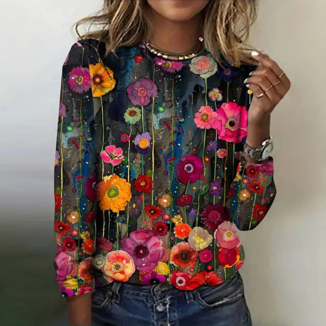 Damen-Bluse mit Rundhals-Ausschnitt, lange Ärmel, Allover-Blumenmuster, lockerer Schnitt