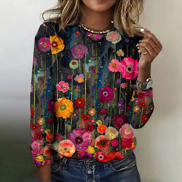 Damen-Bluse mit Rundhals-Ausschnitt, lange Ärmel, Allover-Blumenmuster, lockerer Schnitt