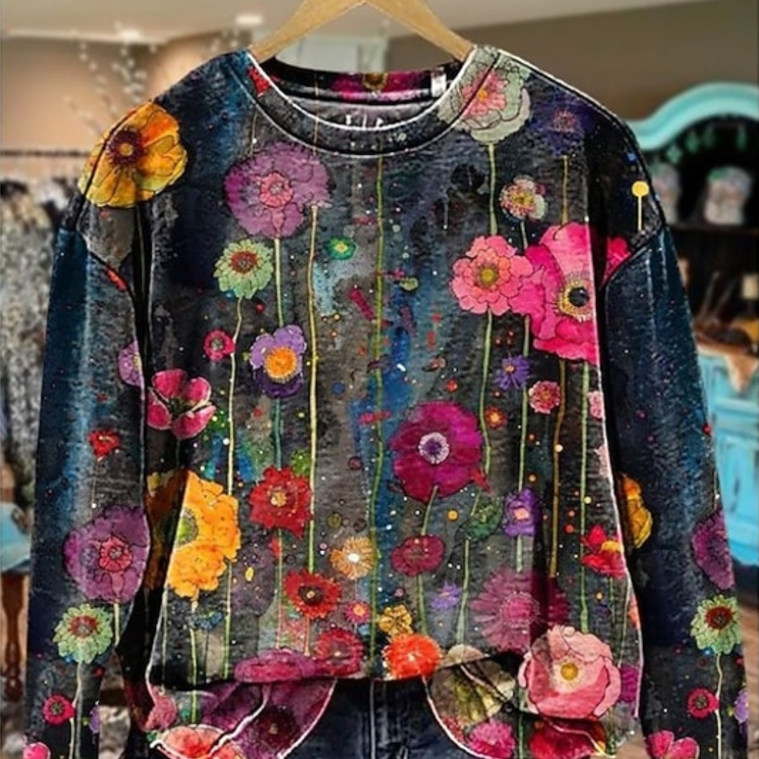 Damen-Bluse mit Rundhals-Ausschnitt, lange Ärmel, Allover-Blumenmuster, lockerer Schnitt