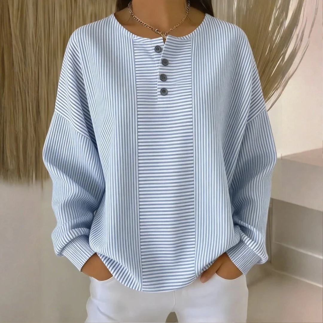 Damen Bluse mit Streifen, Knopfleiste am Hals, Rundhalsausschnitt, Langarm, entspannte Passform, gerundeter Saum