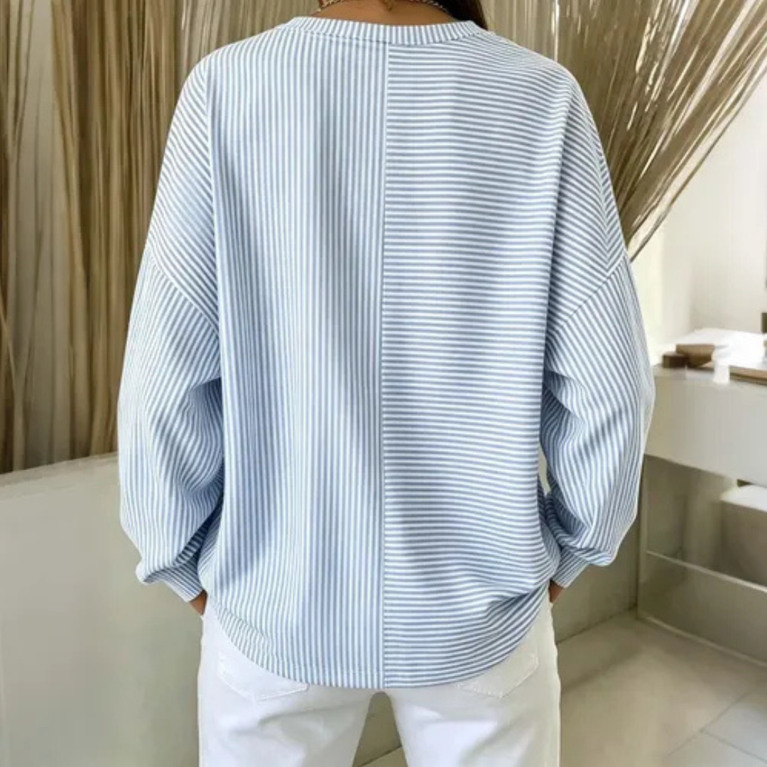 Damen Bluse mit Streifen, Knopfleiste am Hals, Rundhalsausschnitt, Langarm, entspannte Passform, gerundeter Saum