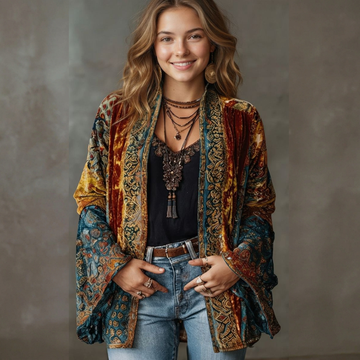Damen Cardigan Kimono-Stil mit Stickerei - offener Vokuhila-Schnitt, lange weit fallende Ärmel, lockere Passform