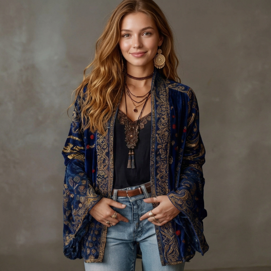 Damen Cardigan Kimono-Stil mit Stickerei - offener Vokuhila-Schnitt, lange weit fallende Ärmel, lockere Passform