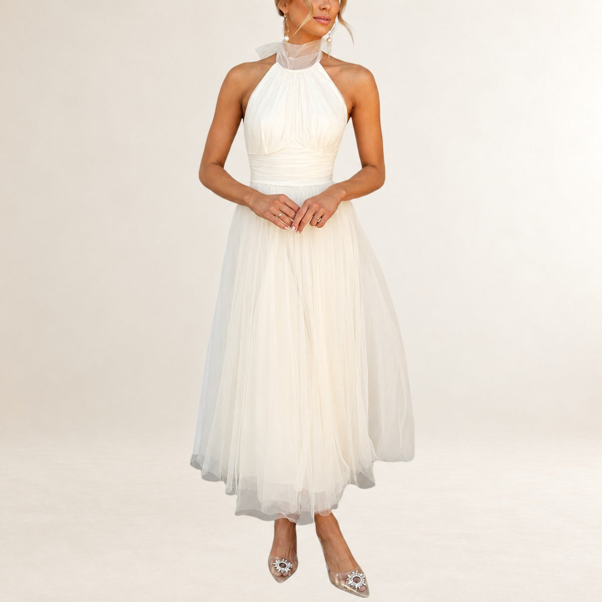 Damen Halterkleid knöchellang mit verstellbarem Halterneck, gerafftem Oberteil und ruchiertem Taillenbund, unsichtbarer Rückenreißverschluss
