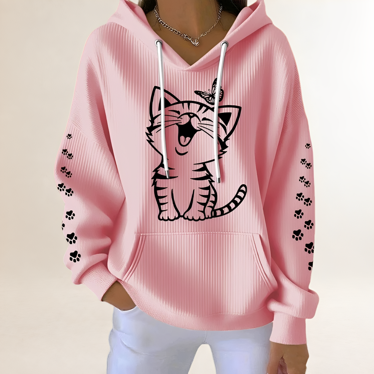 Damen Hoodie mit Katzen-Grafik und Pfotenmotiven an den Ärmeln, Kapuze mit Kordelzug, Kängurutasche, lockerer Sitz