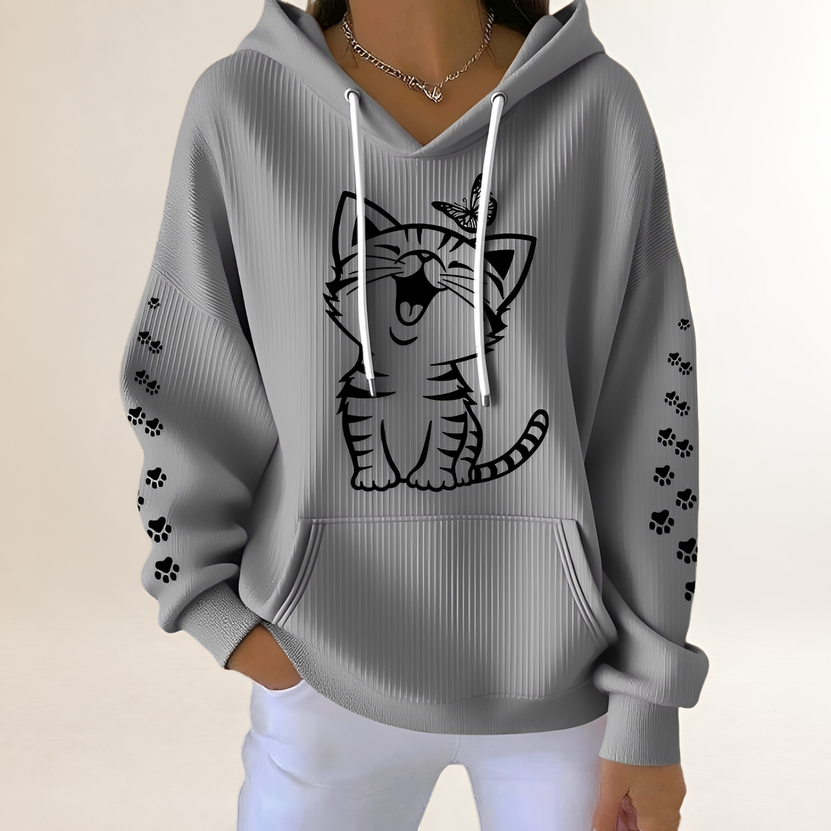Damen Hoodie mit Katzen-Grafik und Pfotenmotiven an den Ärmeln, Kapuze mit Kordelzug, Kängurutasche, lockerer Sitz