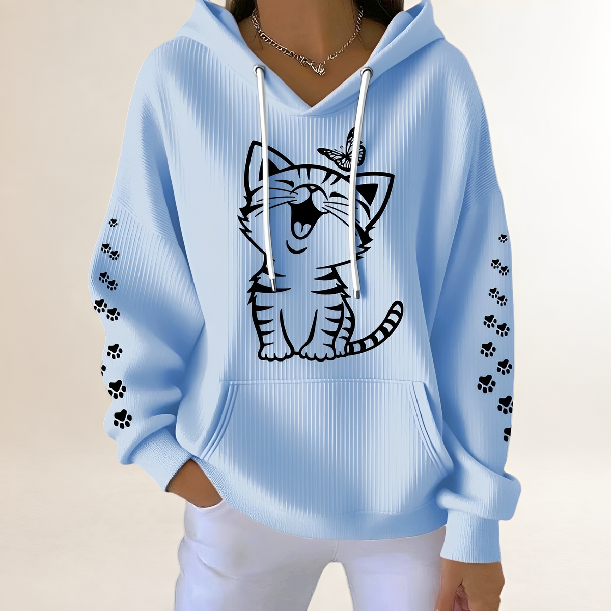 Damen Hoodie mit Katzen-Grafik und Pfotenmotiven an den Ärmeln, Kapuze mit Kordelzug, Kängurutasche, lockerer Sitz