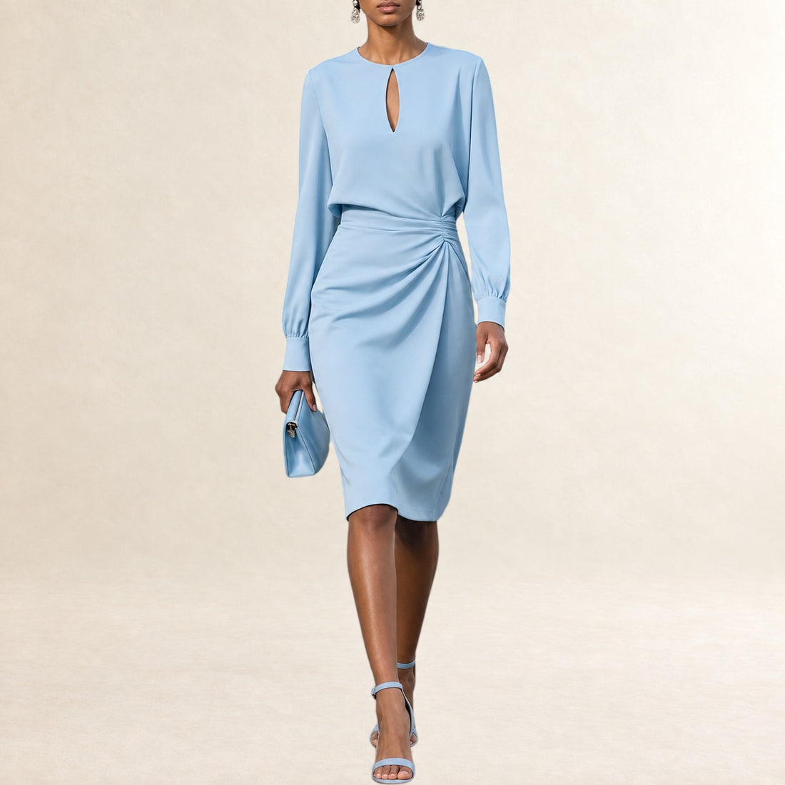 Damen Kleid, Kniebundlänge, Rundhalsausschnitt mit Schlüsselloch, seitlich gerafft, Drapierter Taillenverlauf, normale Passform