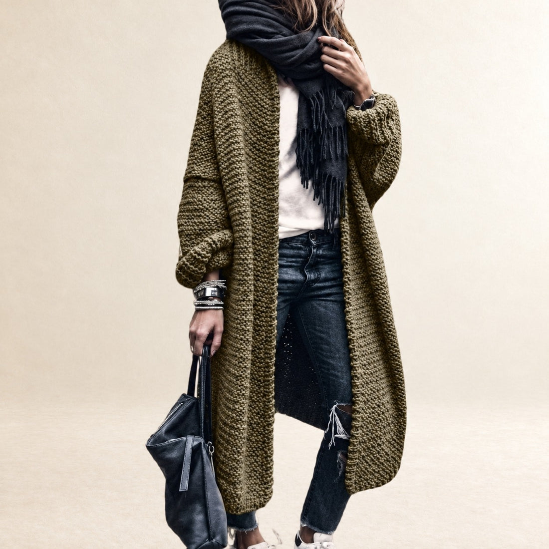 Damen Longline Cardigan mit offener Front – Oversized, Drop-Shoulder