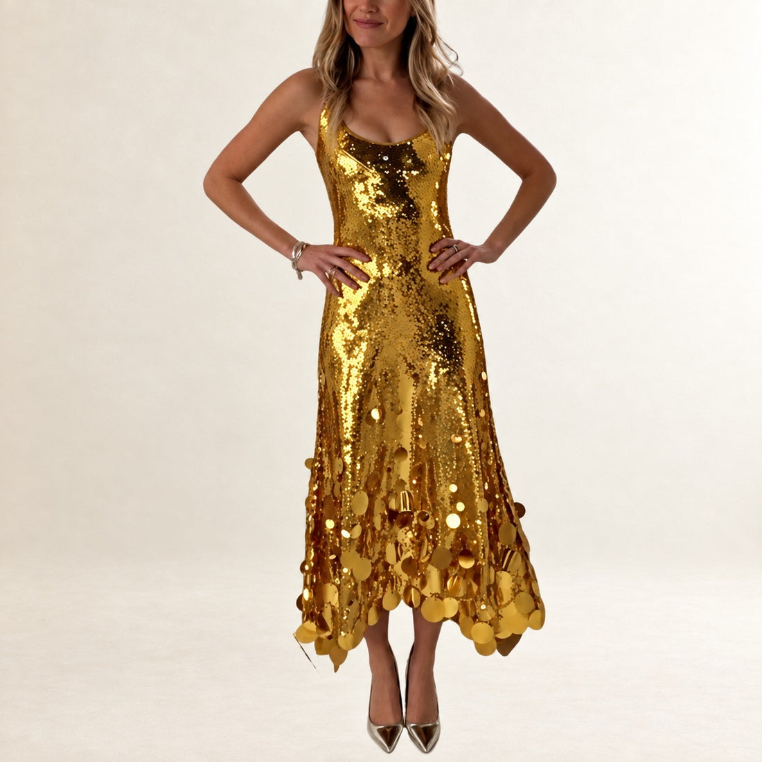 Damen Maxi-Kleid mit Scoop-Ausschnitt, ärmelloses Top, knöchellang, ausgestellter Rock – Saum mit reflektierenden Scheiben-Details
