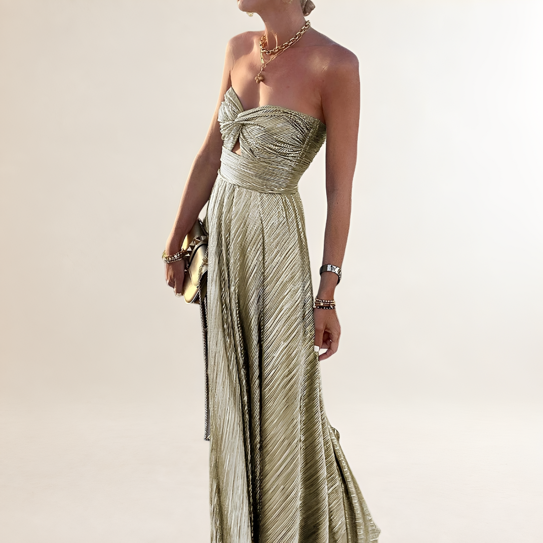 Damen Maxi-Kleid strapless mit Twist-Front Herz-Ausschnitt und Schlüsselloch-Ausschnitt, plissierter A-Linien-Rock