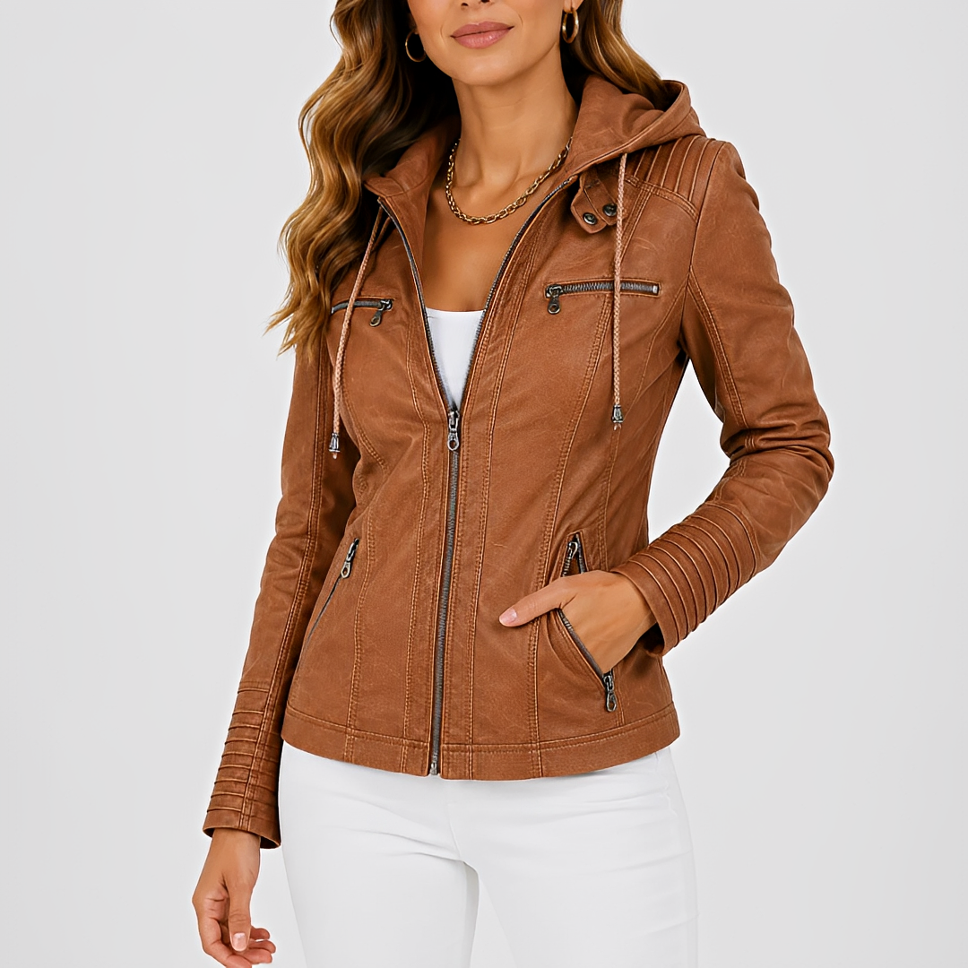 Damen-Motorradjacke mit Kapuze – Zwei-Wege-Reißverschluss, Schulterpaneele, mehrere Reißverschluss-Taschen, schlanke Passform