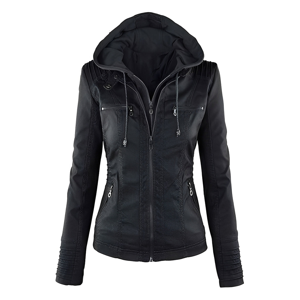 Damen-Motorradjacke mit Kapuze – Zwei-Wege-Reißverschluss, Schulterpaneele, mehrere Reißverschluss-Taschen, schlanke Passform