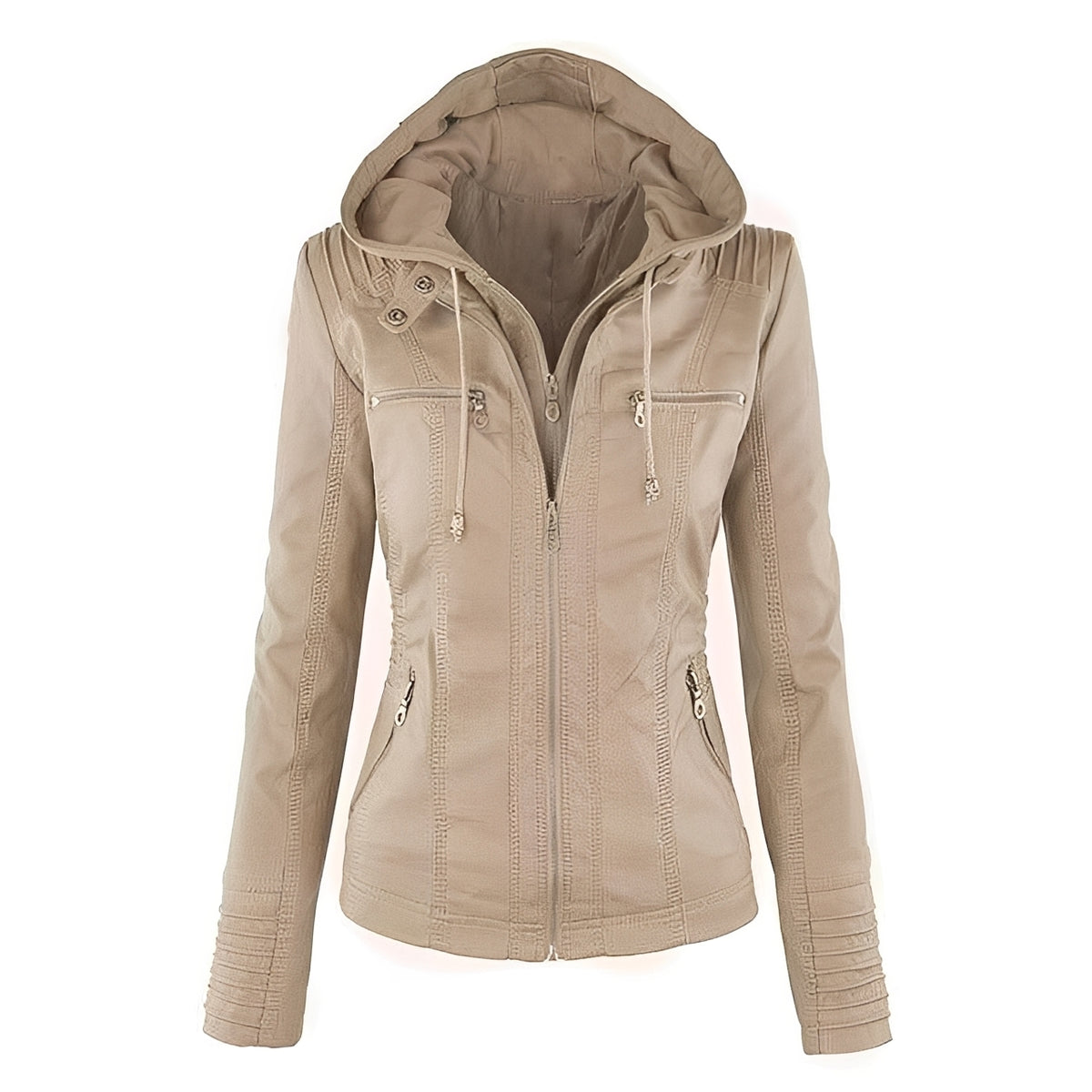 Damen-Motorradjacke mit Kapuze – Zwei-Wege-Reißverschluss, Schulterpaneele, mehrere Reißverschluss-Taschen, schlanke Passform