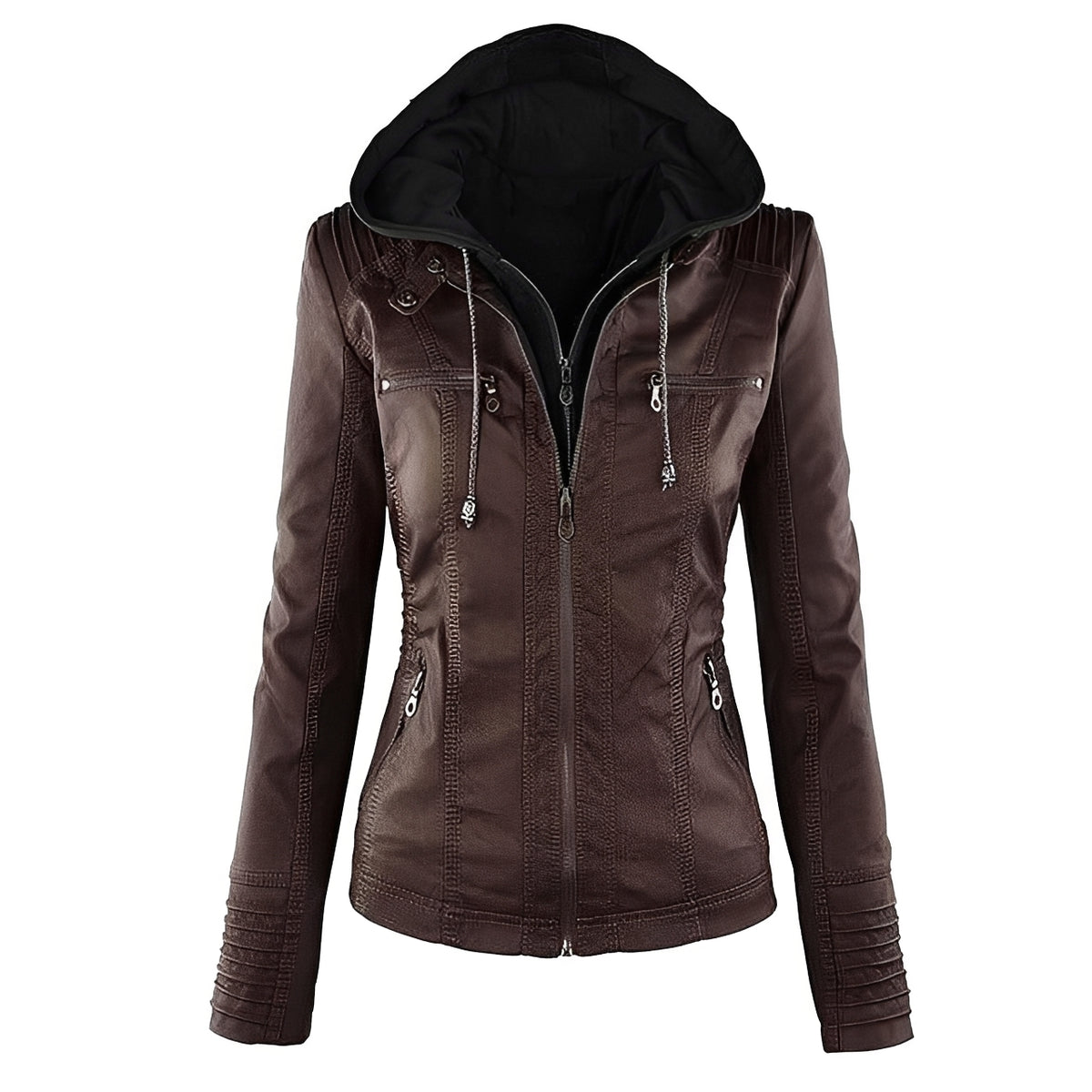 Damen-Motorradjacke mit Kapuze – Zwei-Wege-Reißverschluss, Schulterpaneele, mehrere Reißverschluss-Taschen, schlanke Passform