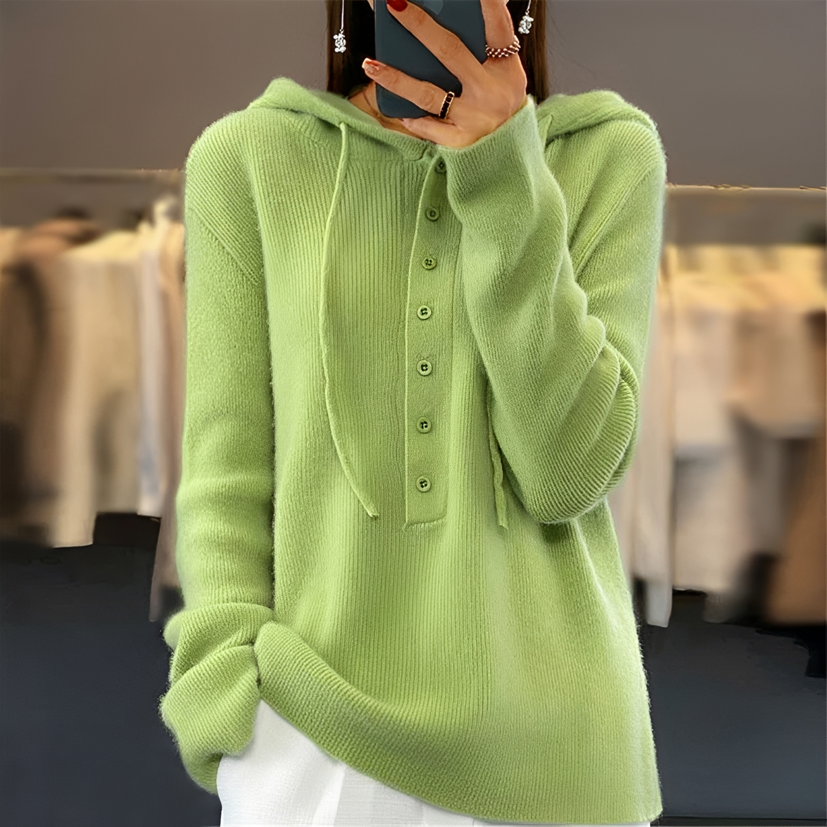 Damen Pullover mit Kapuze, Knopfleiste und Kordelzug, lange Ärmel – lockere Passform