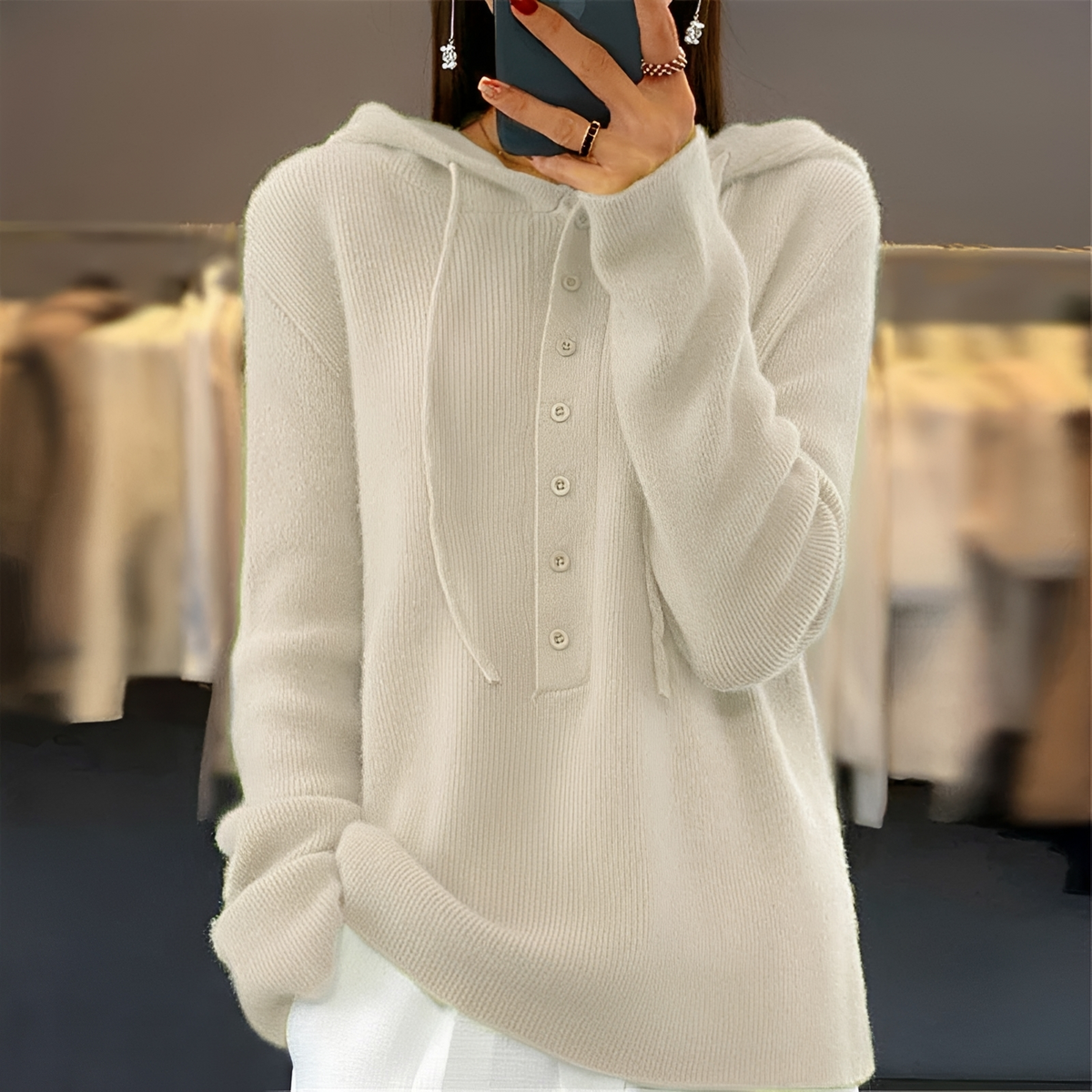 Damen Pullover mit Kapuze, Knopfleiste und Kordelzug, lange Ärmel – lockere Passform