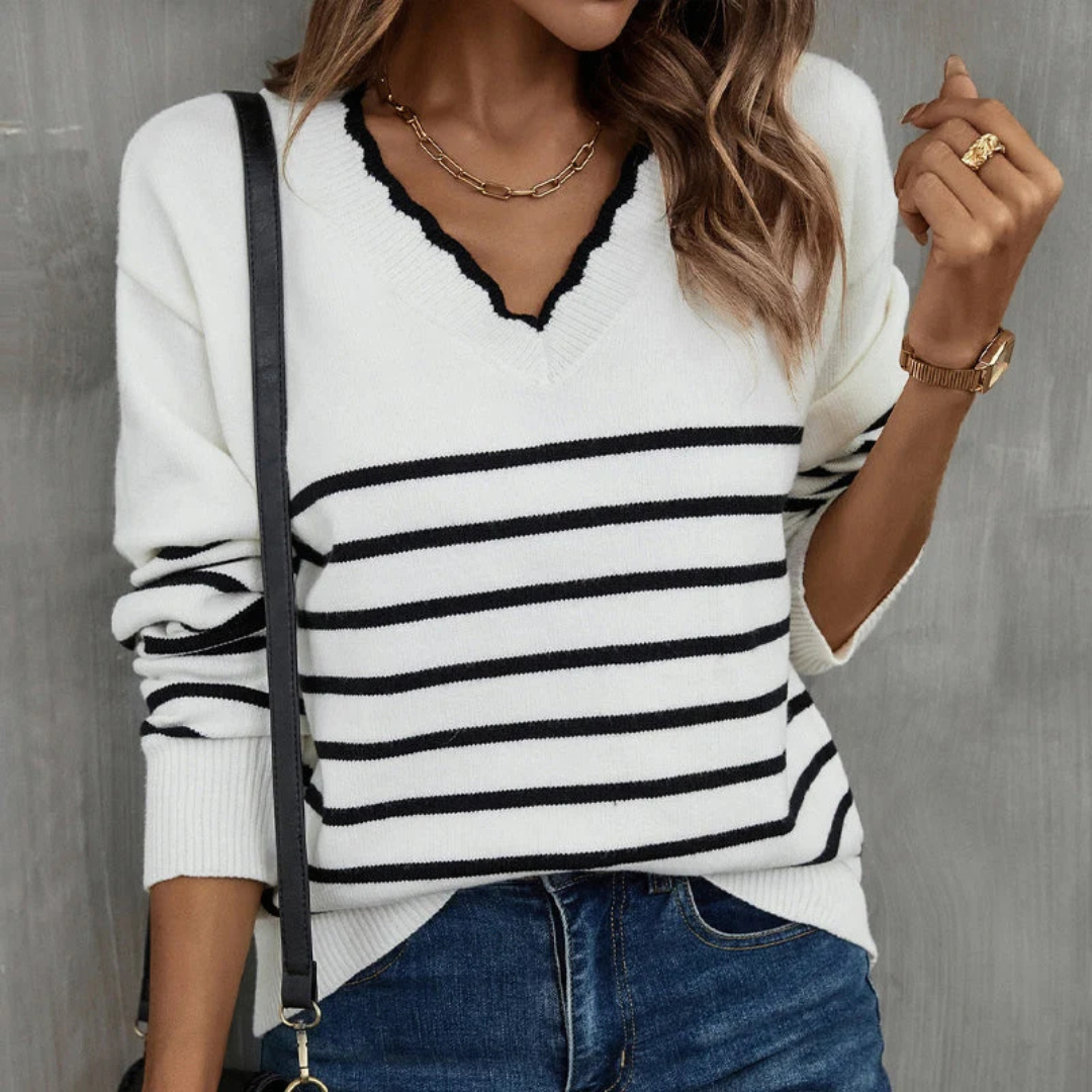 Damen Pullover mit V-Ausschnitt, Muschelkante, Streifen, lange Ärmel – lockere Passform