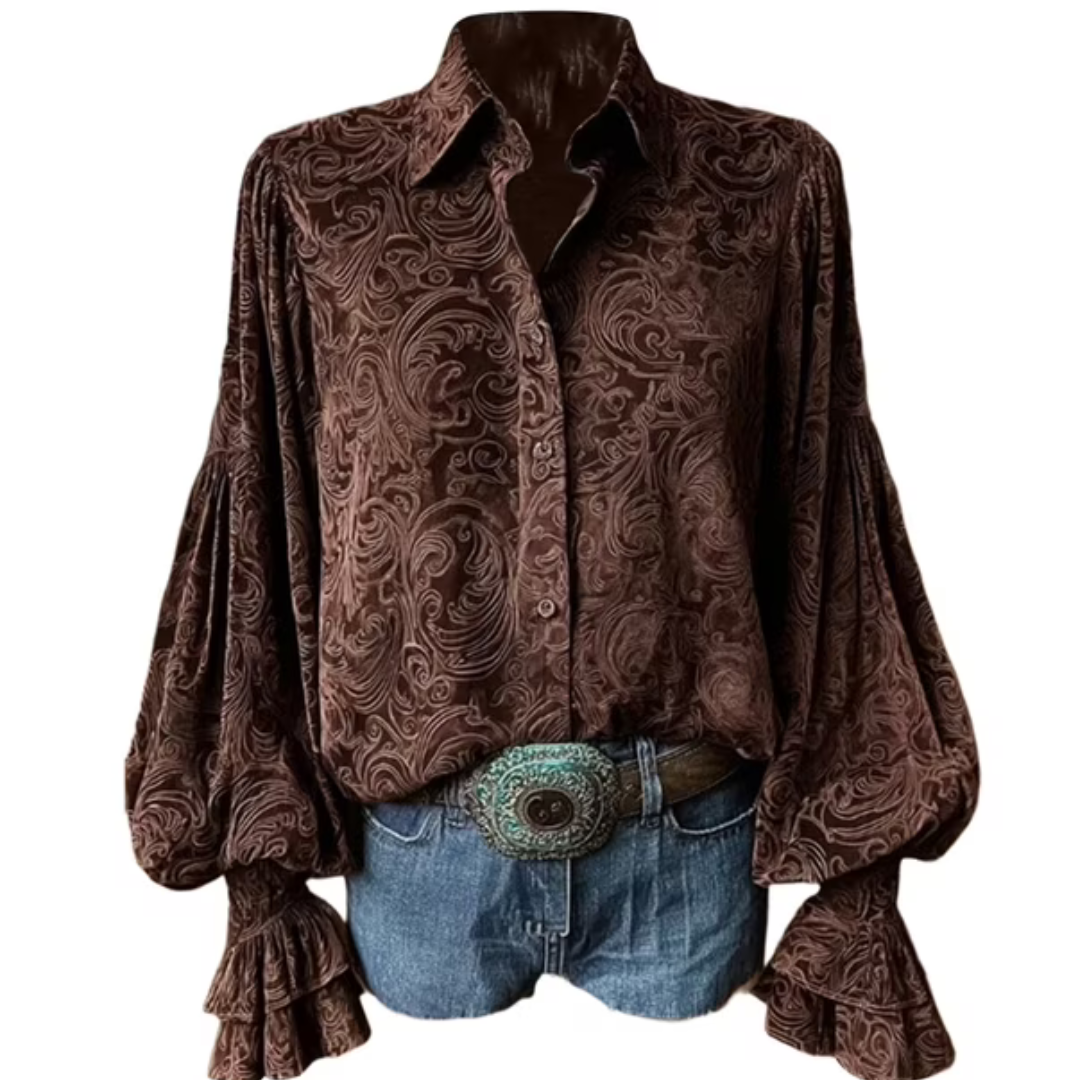 Damenbluse mit Knopfleiste und Pintucks – lange Ärmel mit Rüschenaufschlägen, lockerer Schnitt, Paisley-Muster
