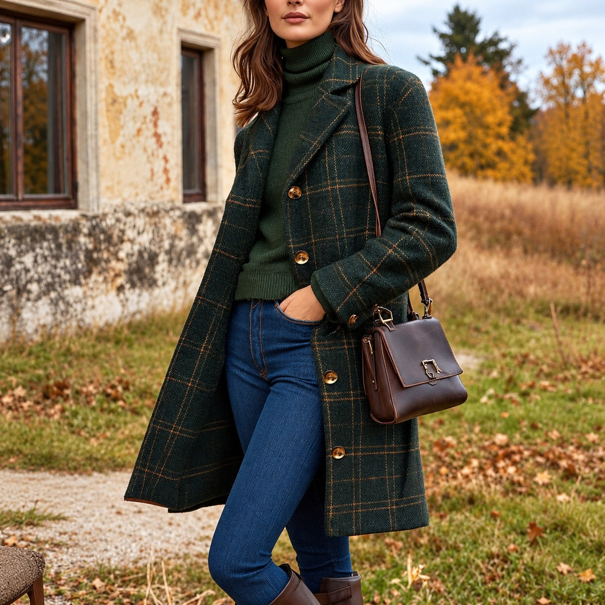 Damenmantel Lang Karierte Jacke - Reineida Schnitt, Seitliche Taschen, Reverskragen, Knopfverschluss