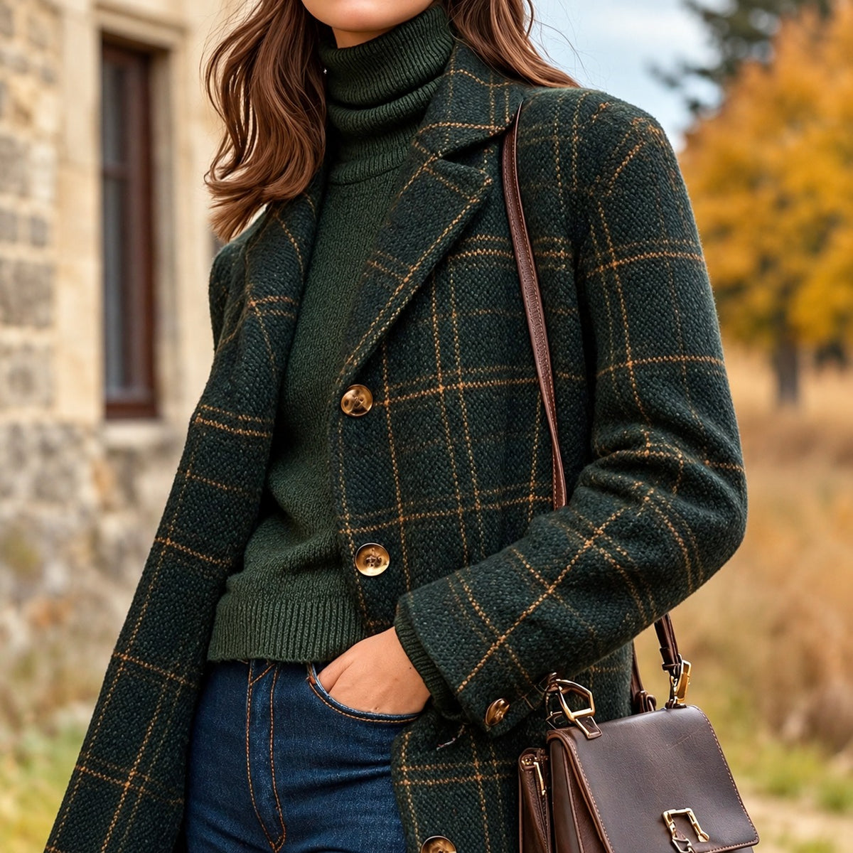 Damenmantel Lang Karierte Jacke - Reineida Schnitt, Seitliche Taschen, Reverskragen, Knopfverschluss