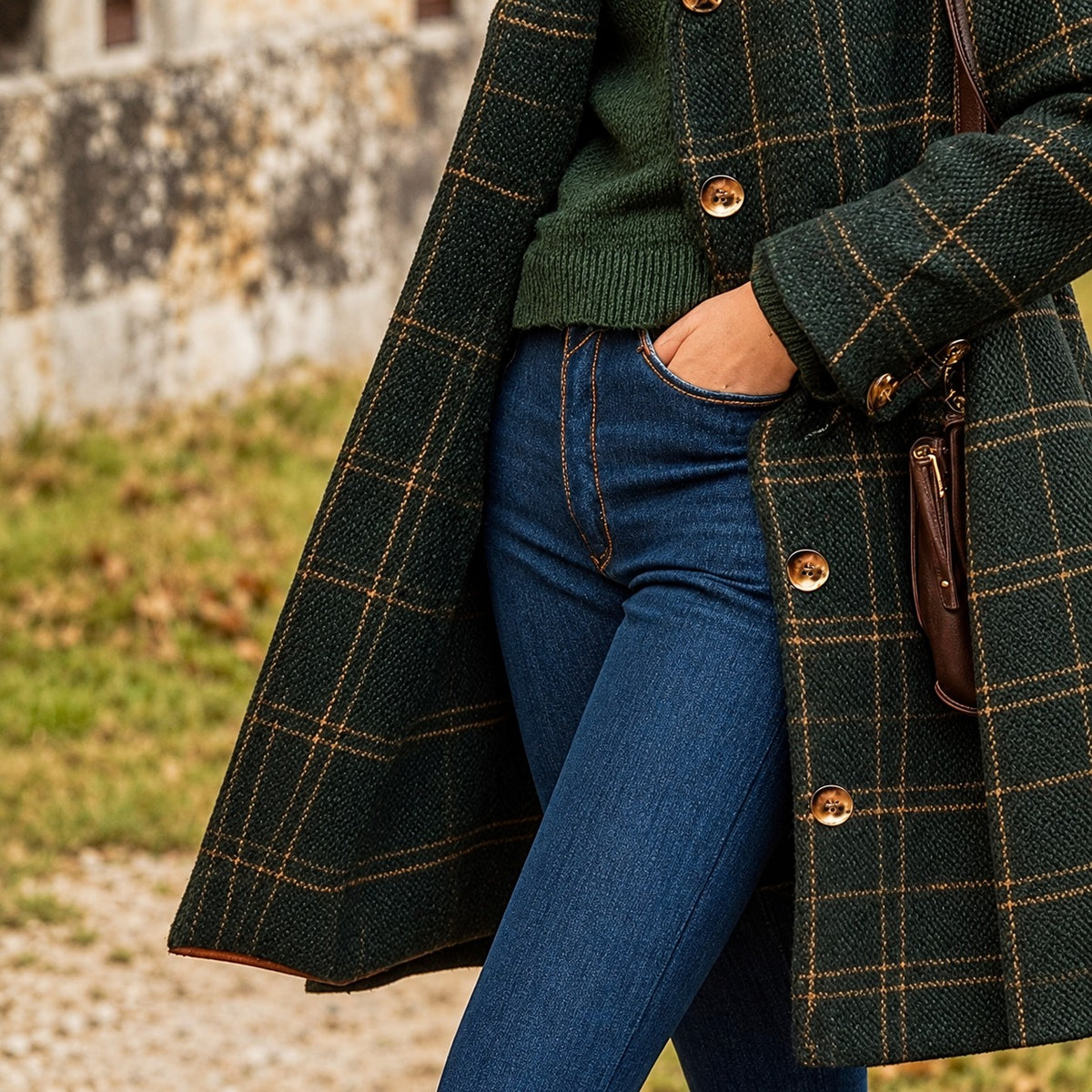 Damenmantel Lang Karierte Jacke - Reineida Schnitt, Seitliche Taschen, Reverskragen, Knopfverschluss
